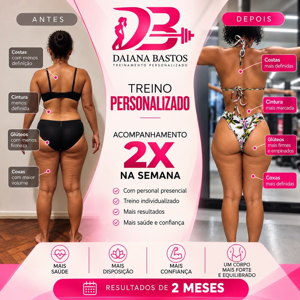 Antes e depois de aluna com acompanhamento presencial 2x na semana: resultados de 2 meses, com costas, cintura, glúteos e coxas mais definidos